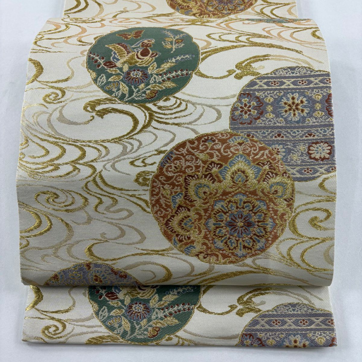 袋帶 名品級 華紋 花鳥 金絲 金金箔 米色 六通 純蠶絲