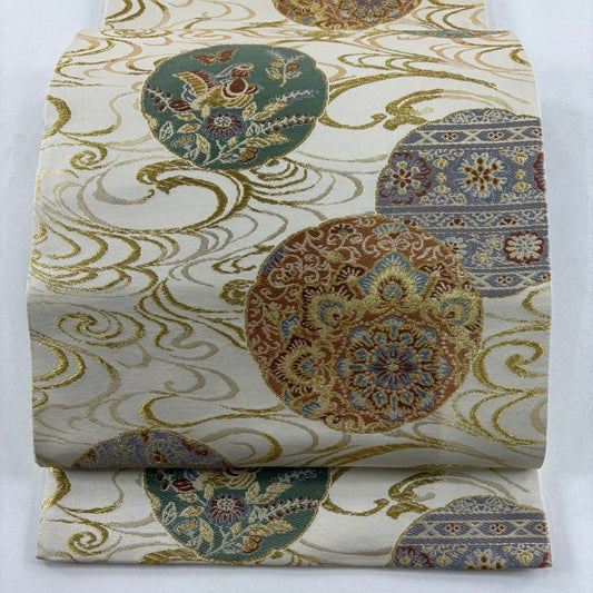 袋帶 名品級 華紋 花鳥 金絲 金金箔 米色 六通 純蠶絲