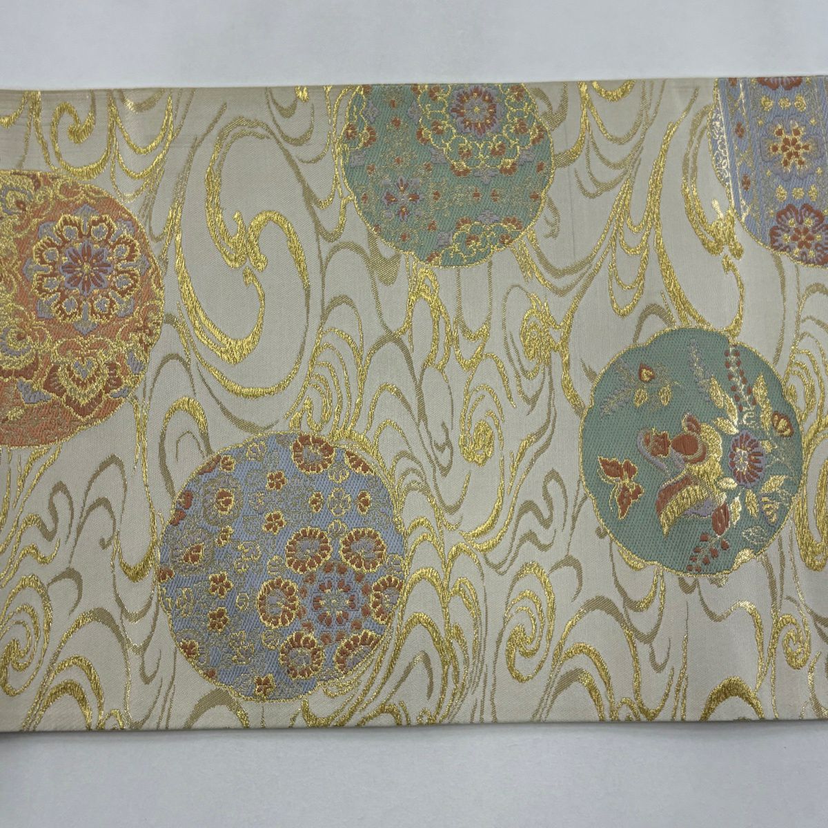 袋帶 名品級 華紋 花鳥 金絲 金金箔 米色 六通 純蠶絲
