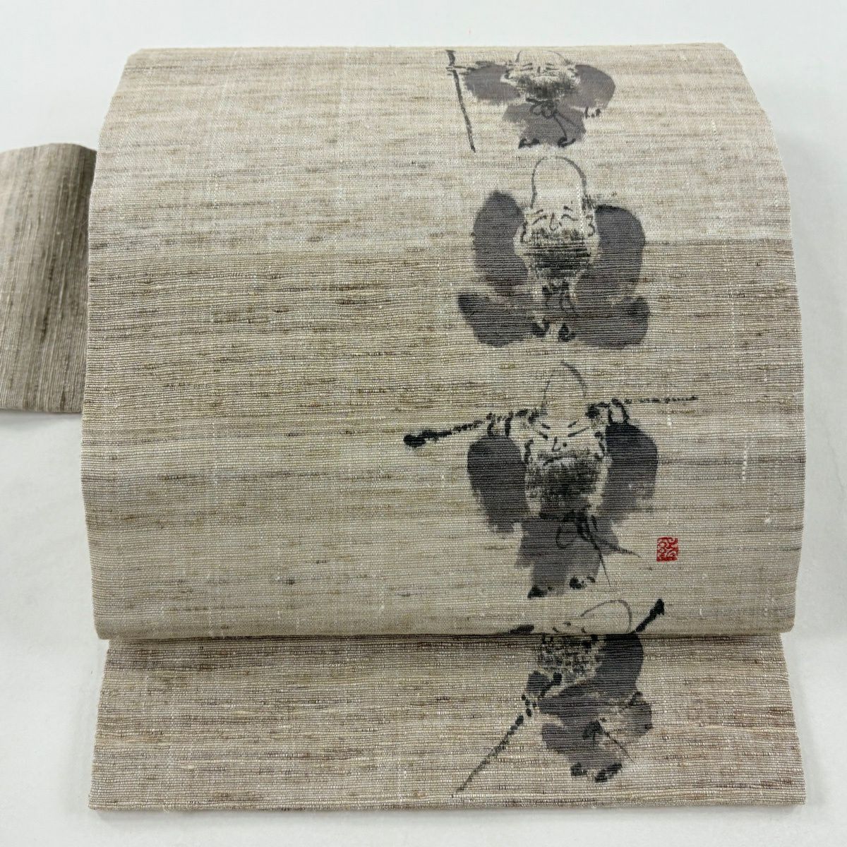 【美品】 名古屋帶 名品級 落款あり 紬織織 福祿壽 灰茶 純蠶絲