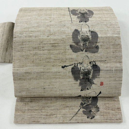 【美品】 名古屋帶 名品級 落款あり 紬織織 福祿壽 灰茶 純蠶絲