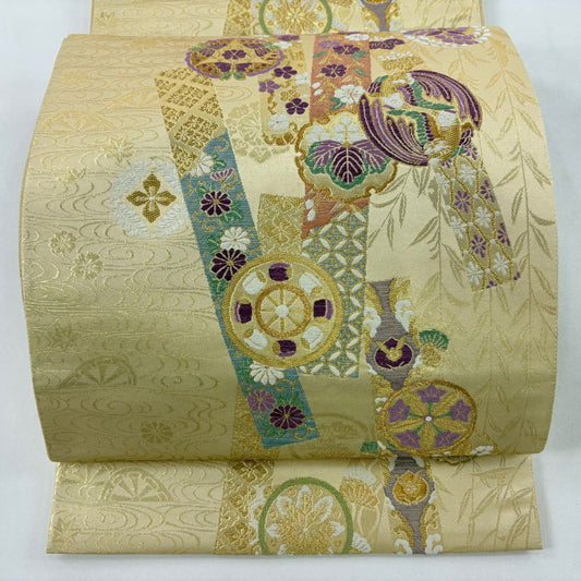 【美品】 袋帶 名品級 じゅらく 落款あり 帝王紫 鳥丸文 雪輪 金糸 金金箔 金色 お太鼓柄 純蠶絲