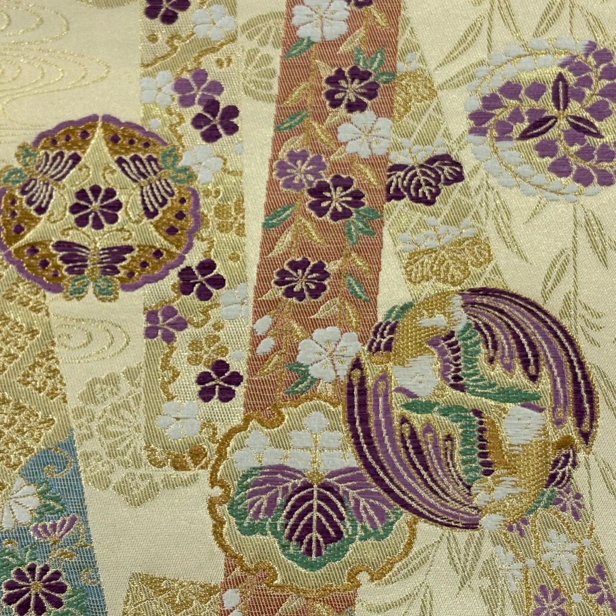 【美品】 袋帶 名品級 じゅらく 落款あり 帝王紫 鳥丸文 雪輪 金糸 金金箔 金色 お太鼓柄 純蠶絲