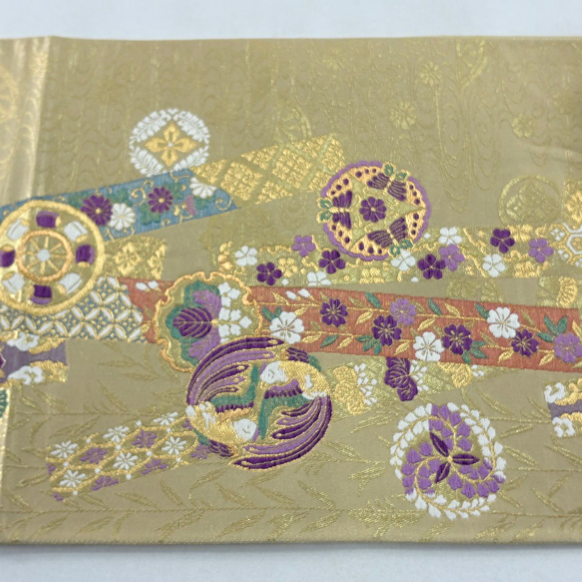 【美品】 袋帶 名品級 じゅらく 落款あり 帝王紫 鳥丸文 雪輪 金糸 金金箔 金色 お太鼓柄 純蠶絲