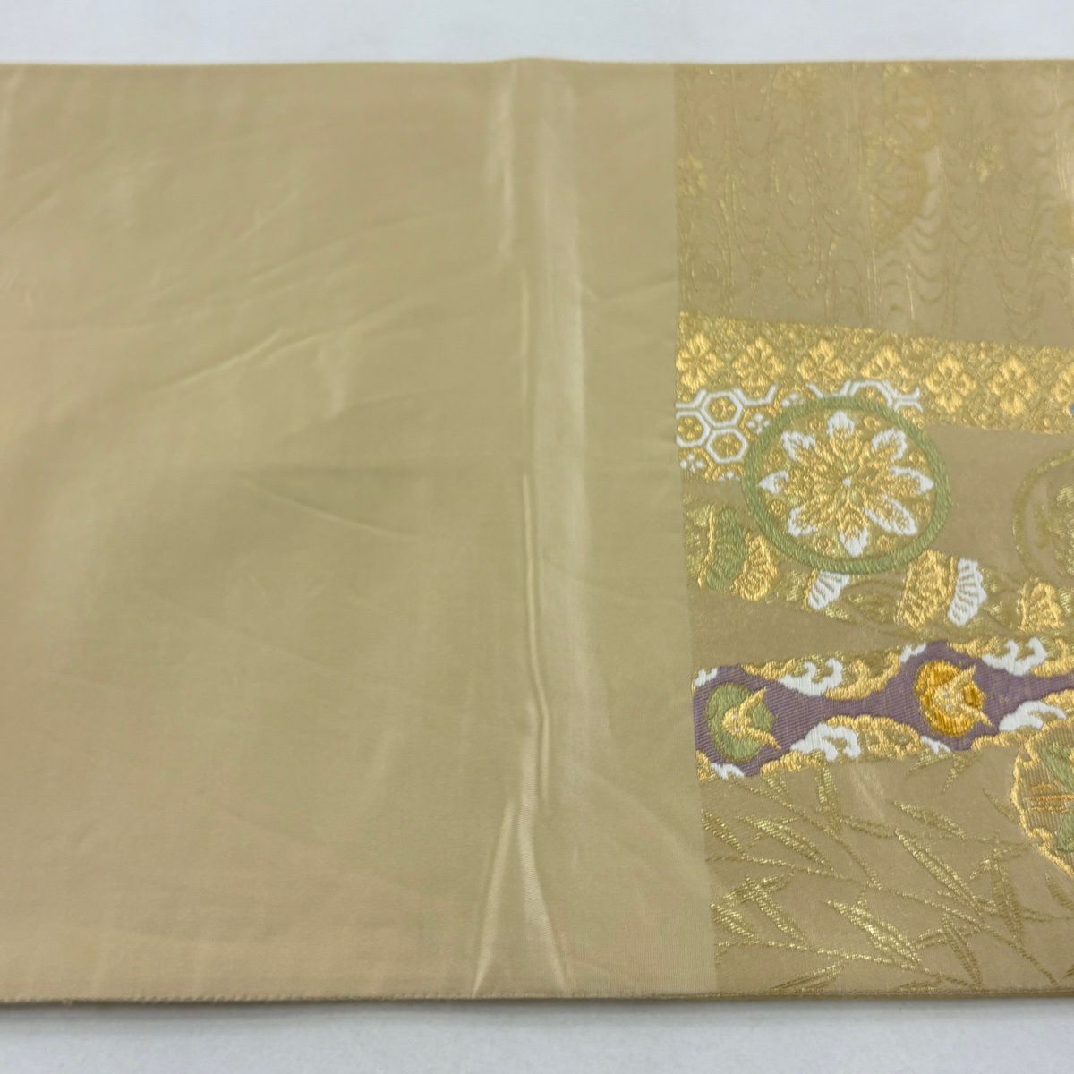 【美品】 袋帶 名品級 じゅらく 落款あり 帝王紫 鳥丸文 雪輪 金糸 金金箔 金色 お太鼓柄 純蠶絲