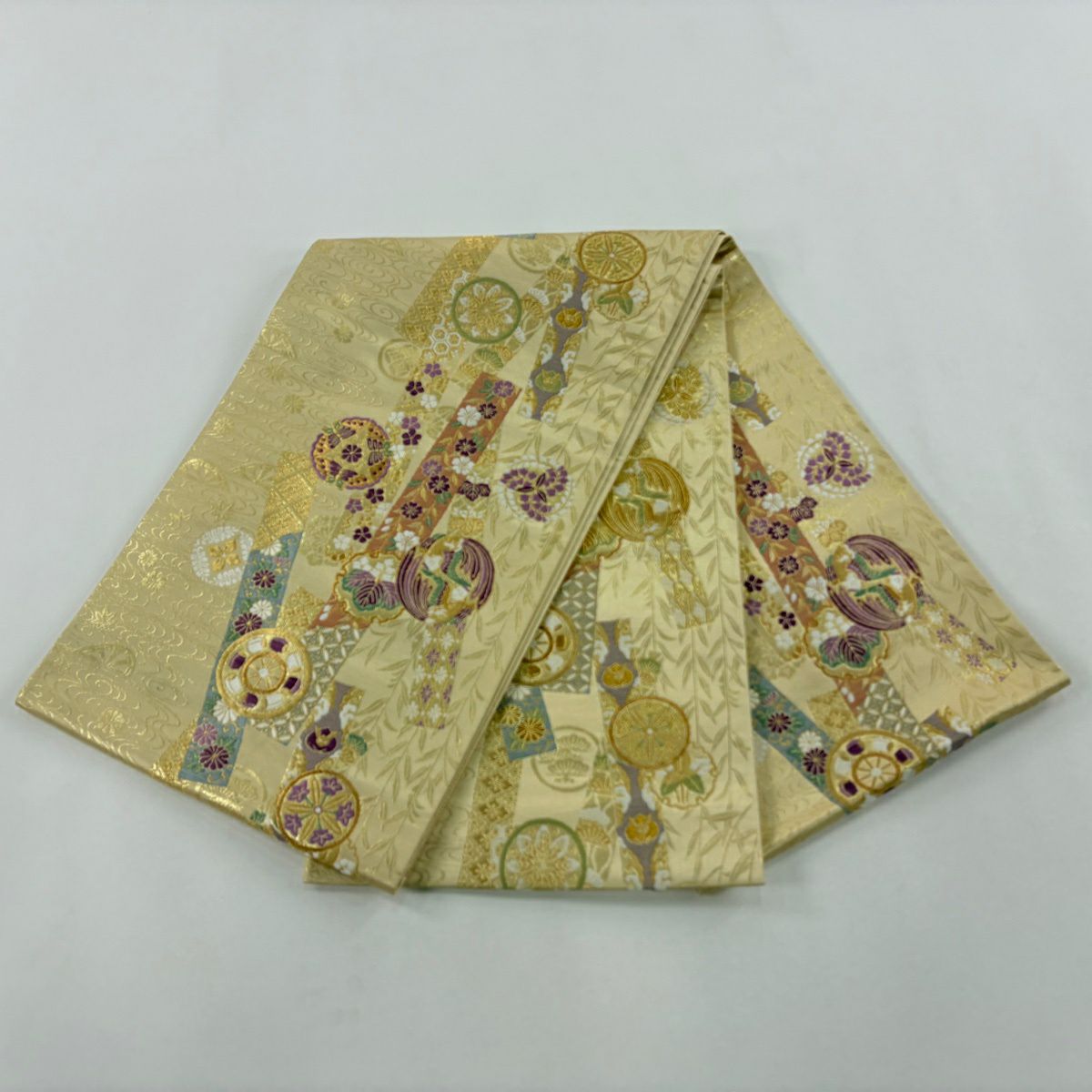 【美品】 袋帶 名品級 じゅらく 落款あり 帝王紫 鳥丸文 雪輪 金糸 金金箔 金色 お太鼓柄 純蠶絲