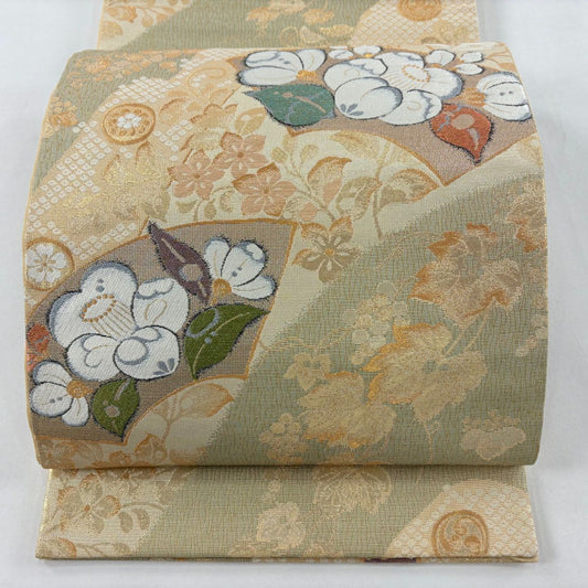 【美品】 袋帶 名品級 扇子面 葡萄 金糸 金金箔 米色 六通 純蠶絲