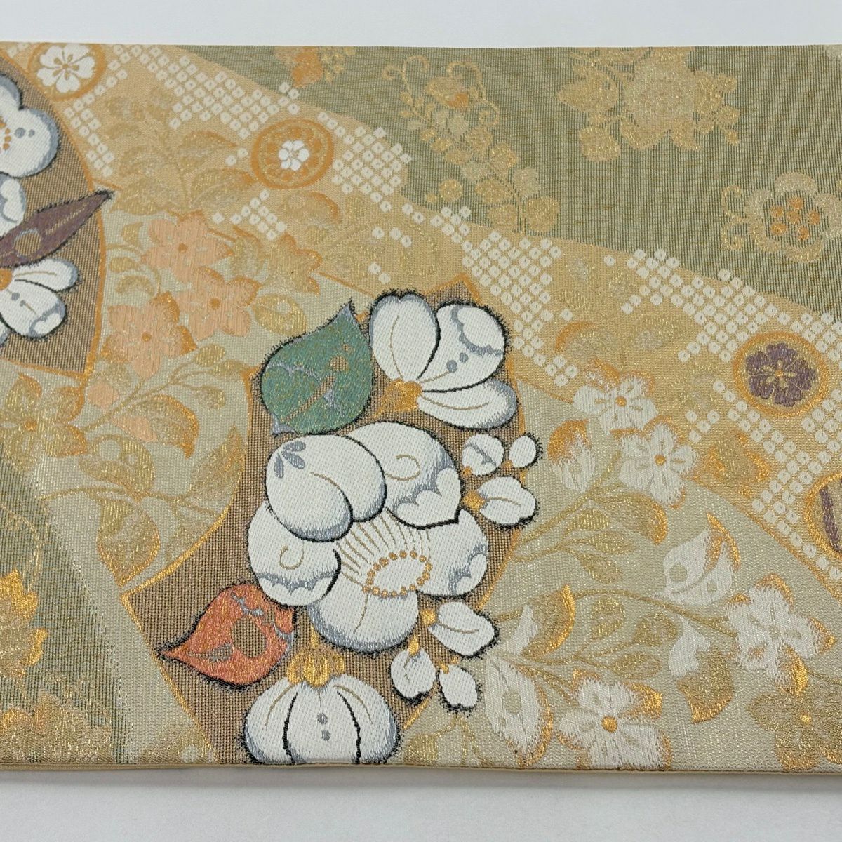 【美品】 袋帶 名品級 扇子面 葡萄 金糸 金金箔 米色 六通 純蠶絲