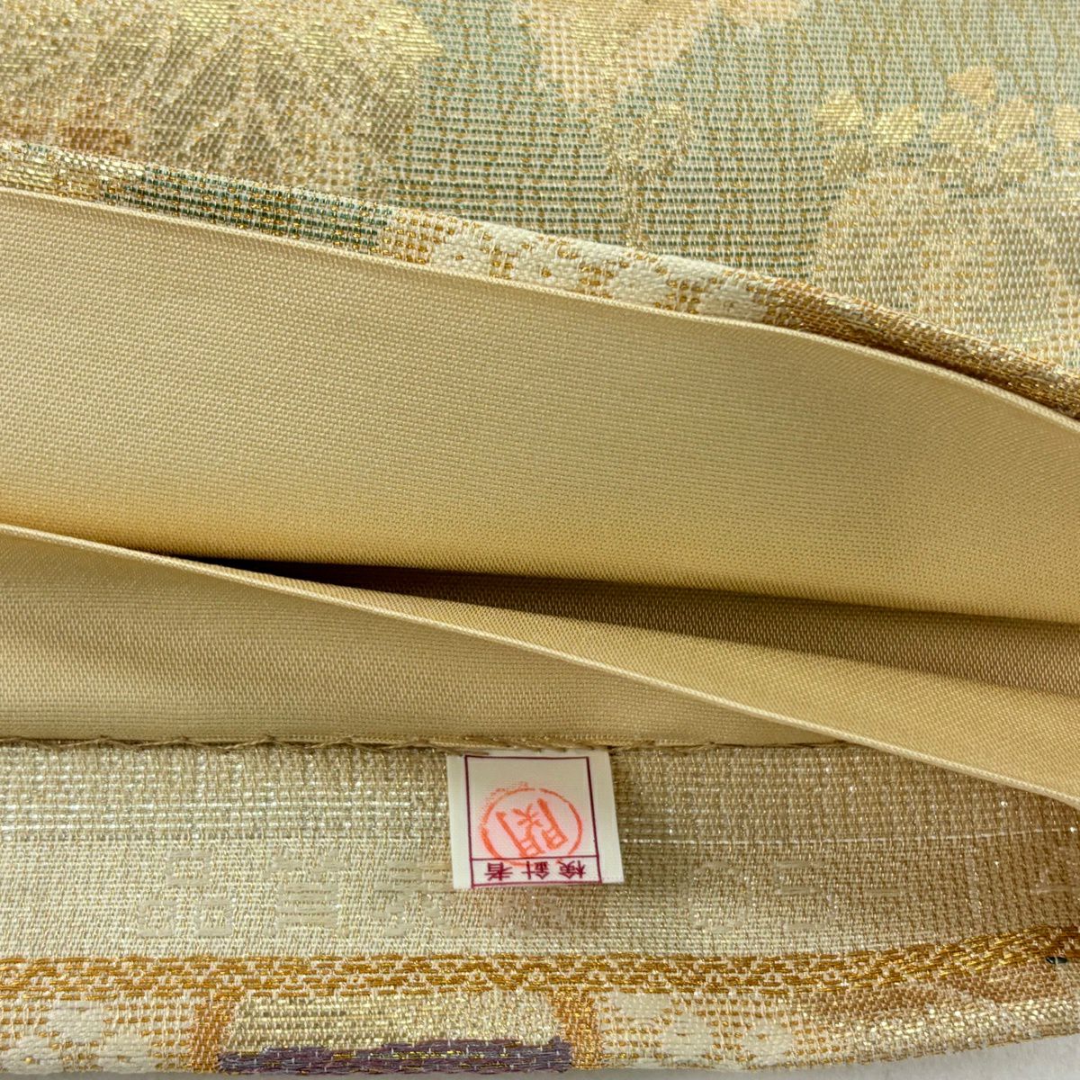 【美品】 袋帶 名品級 扇子面 葡萄 金糸 金金箔 米色 六通 純蠶絲