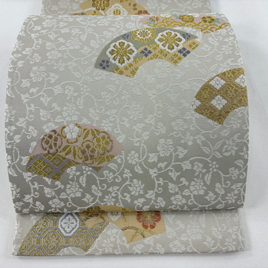 【美品】 袋帶 名品級 扇子面 花唐草紋 金絲 灰茶 六通 純蠶絲