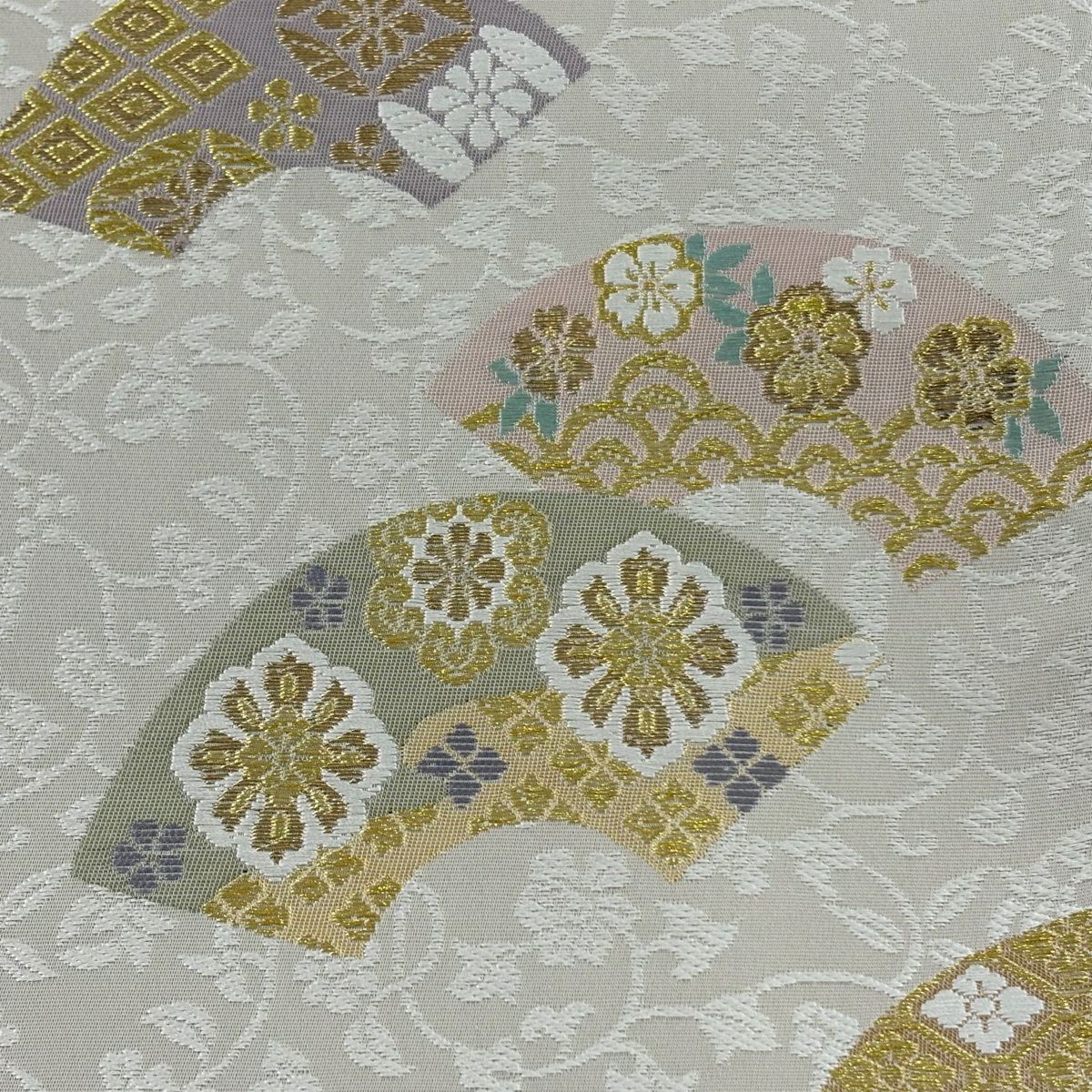 【美品】 袋帶 名品級 扇子面 花唐草紋 金絲 灰茶 六通 純蠶絲