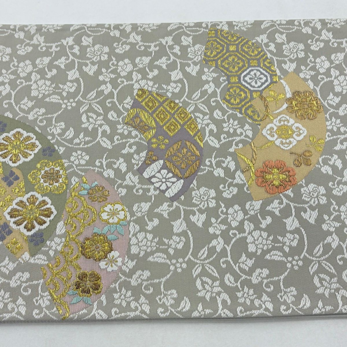 【美品】 袋帶 名品級 扇子面 花唐草紋 金絲 灰茶 六通 純蠶絲