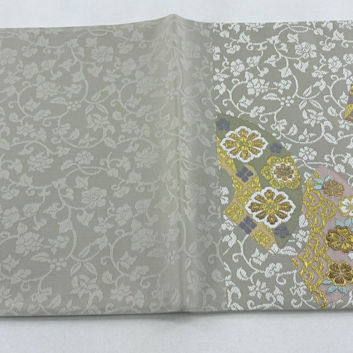 【美品】 袋帶 名品級 扇子面 花唐草紋 金絲 灰茶 六通 純蠶絲