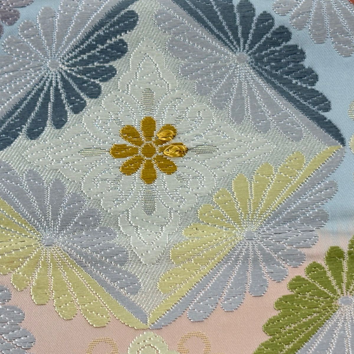 【美品】 袋帶 名品級 花菱 菊花 金金箔 唐織 青灰 六通 純蠶絲