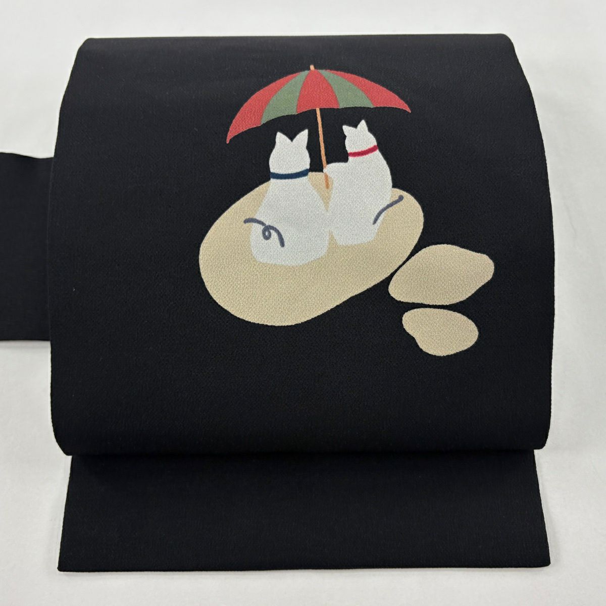 【美品】名古屋帶 名品級 貓 縮緬 黑 純蠶絲