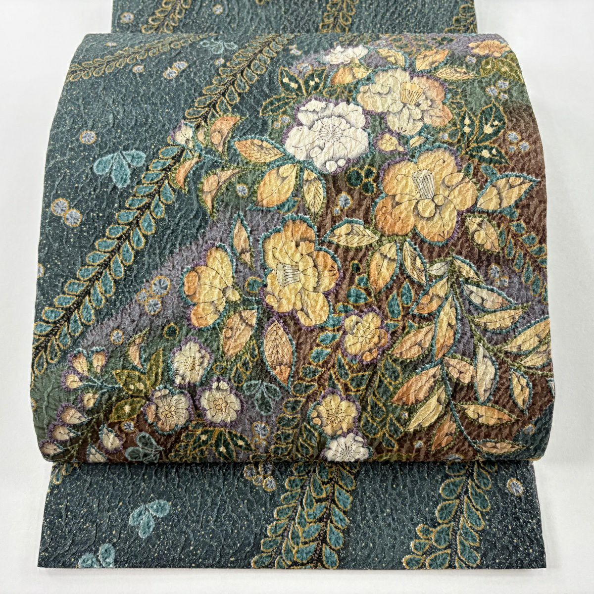 【美品】 袋帶 名品級 雙面 辻花染圖案 漸層 灰綠色 大鼓圖案 純蠶絲