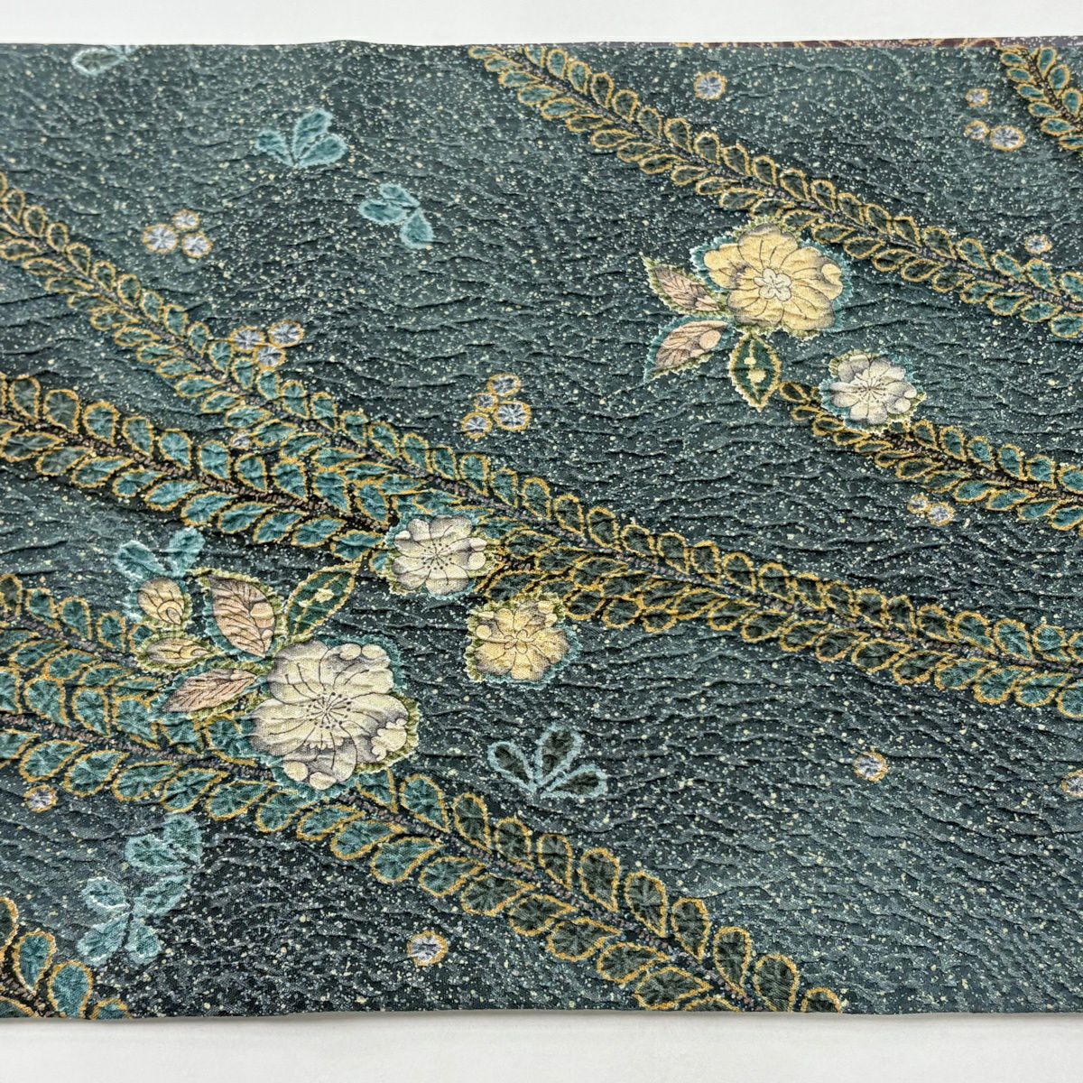 【美品】 袋帶 名品級 雙面 辻花染圖案 漸層 灰綠色 大鼓圖案 純蠶絲