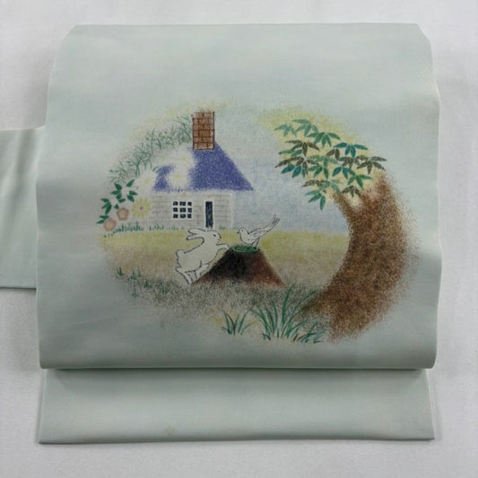 名古屋帶 名品級 家屋 動物 淺綠 純蠶絲