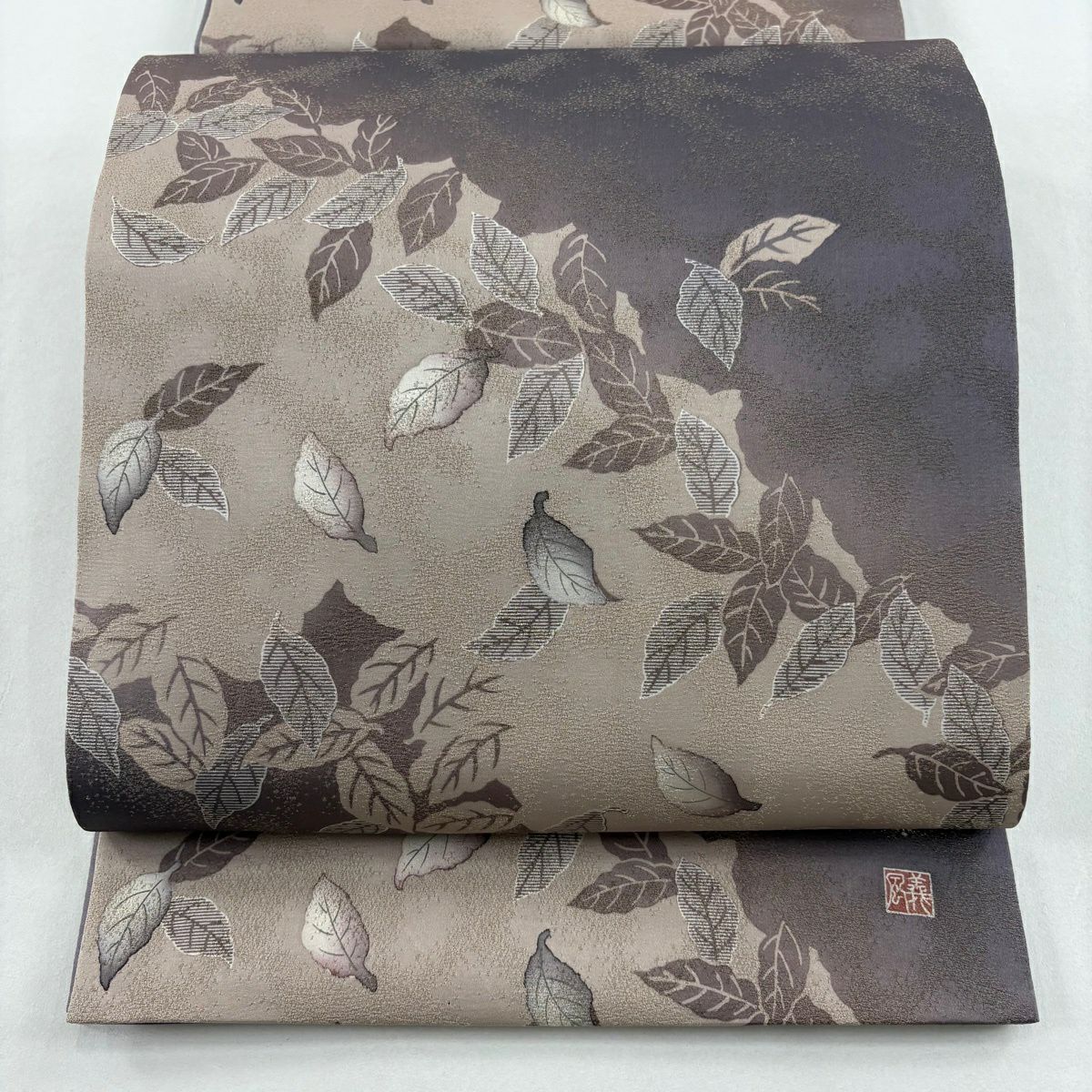 【美品】 袋帶 名品級 落款あり 葉柄 金糸 紫 六通 純蠶絲