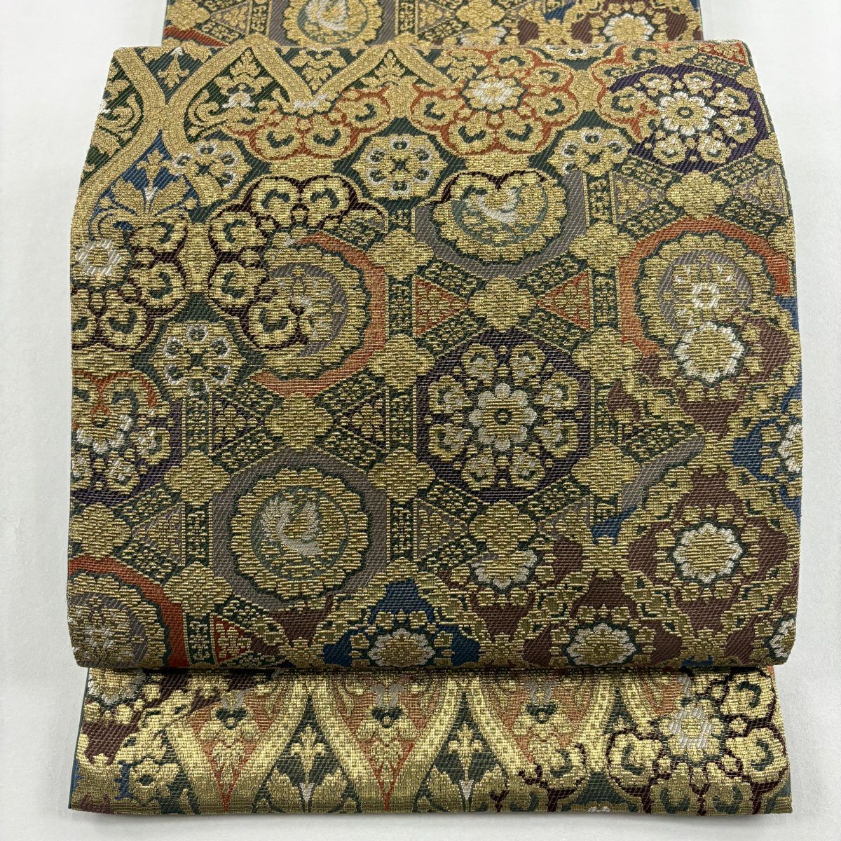 【美品】 袋帶 名品級 華紋 鳥 刺繡 金糸 深綠 六通 純蠶絲