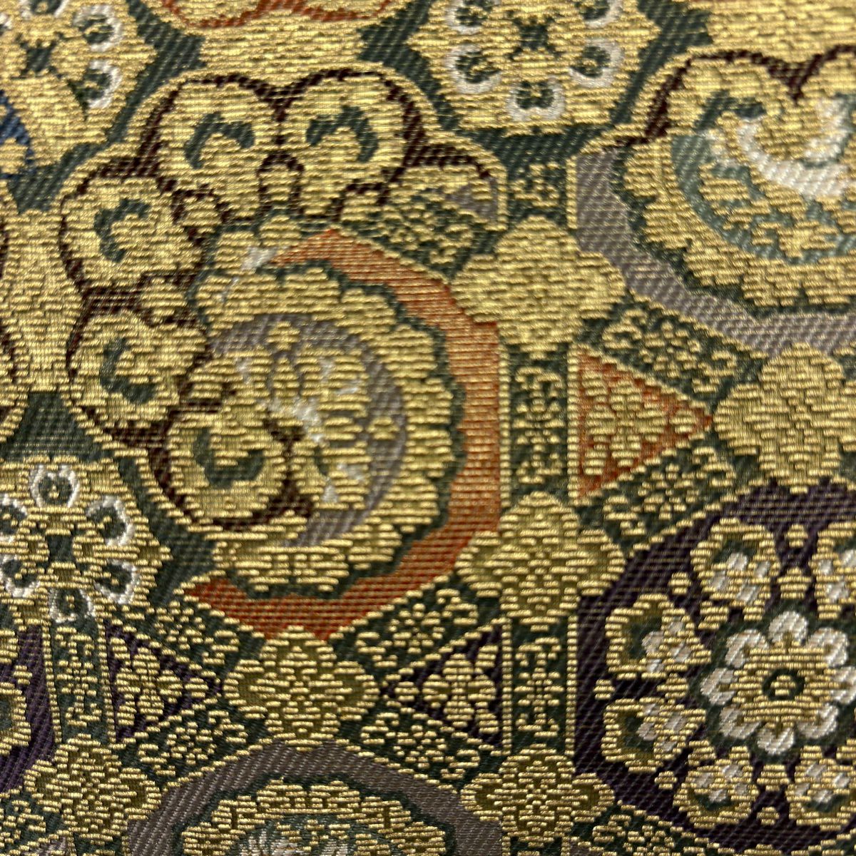 【美品】 袋帶 名品級 華紋 鳥 刺繡 金糸 深綠 六通 純蠶絲