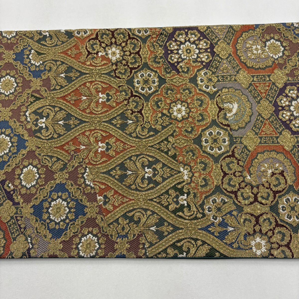 【美品】 袋帶 名品級 華紋 鳥 刺繡 金糸 深綠 六通 純蠶絲