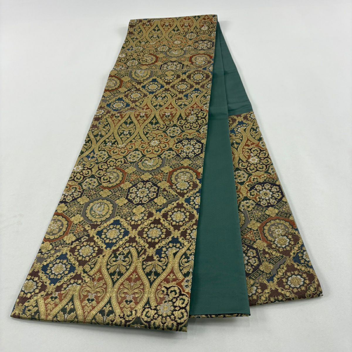 【美品】 袋帶 名品級 華紋 鳥 刺繡 金糸 深綠 六通 純蠶絲