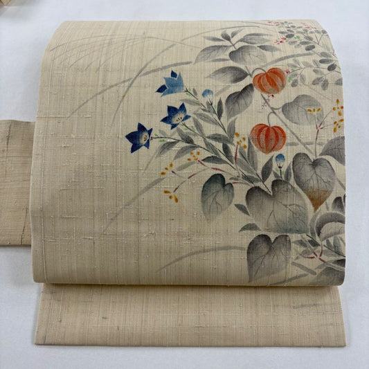 【美品】名古屋帶 名品級 紬織織 桔梗 鬼燈 米色 純蠶絲