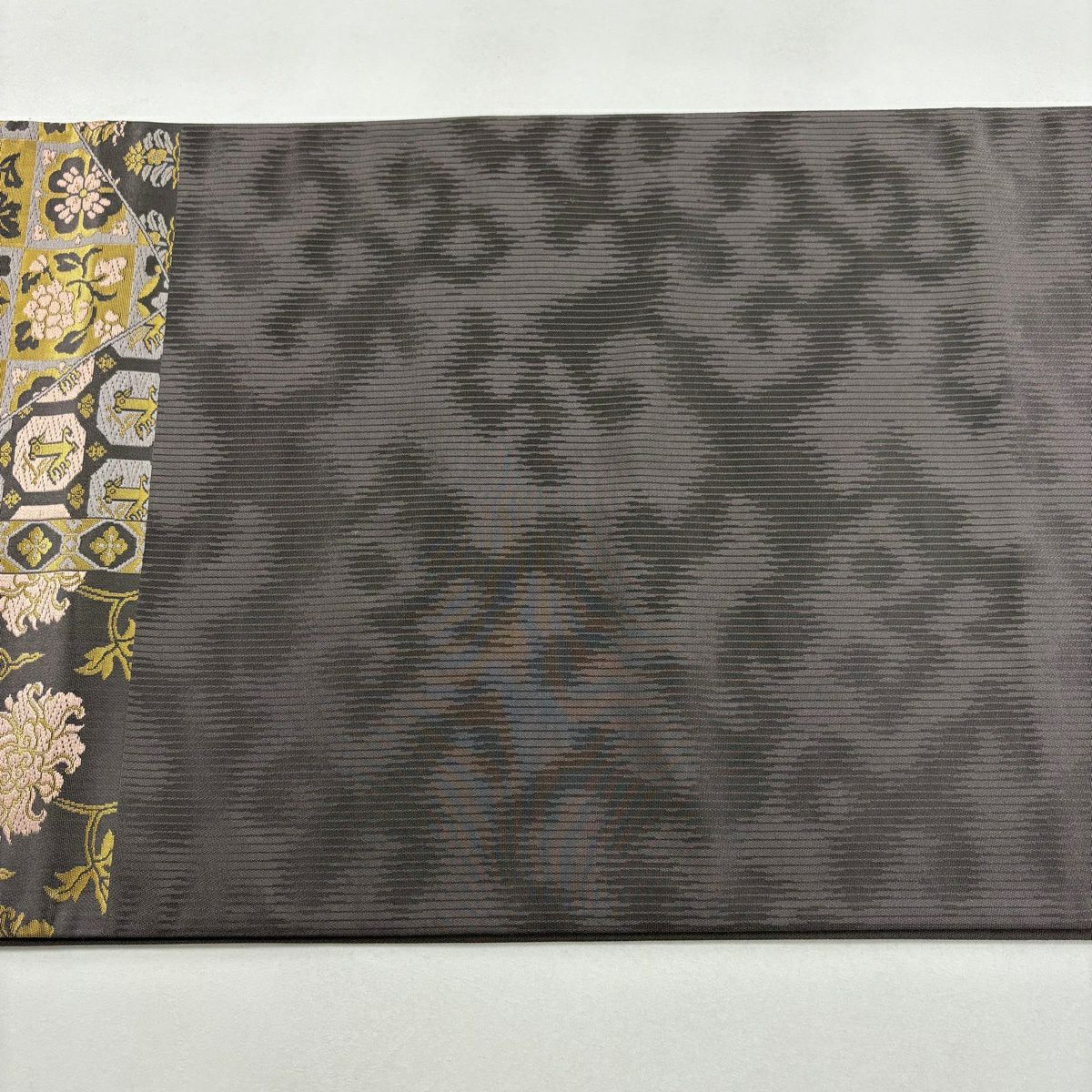 【美品】 袋帶 名品級 金金箔屋清兵衛 落款 西陣織 花唐草紋 雞冠花 金金箔 灰紫 六通 純蠶絲