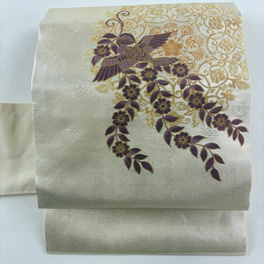 【美品】 名古屋帶 名品級 帝王紫 附落款 關西仕立 花喰鳥 華紋 金銀彩 金金箔 銀色 純蠶絲