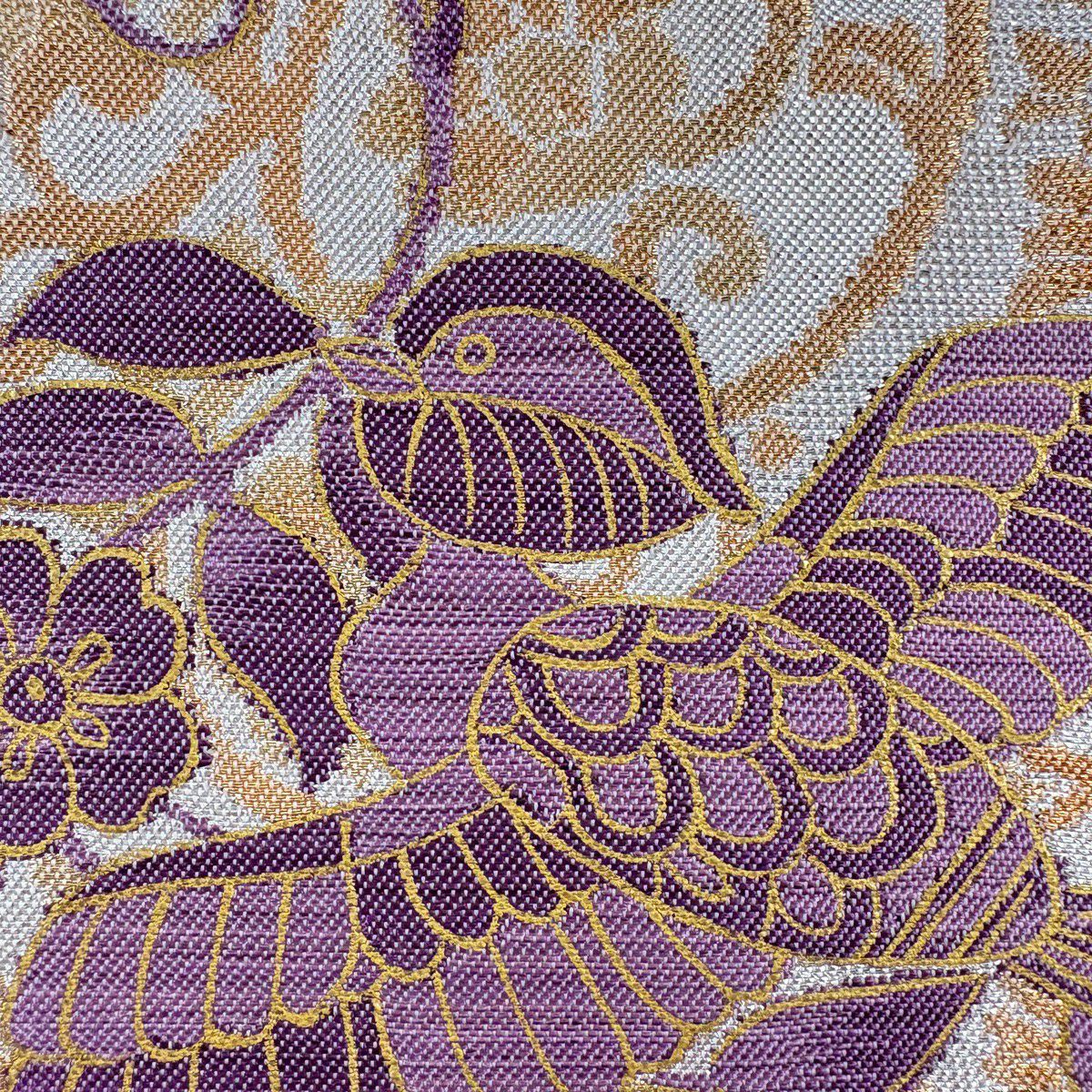 【美品】 名古屋帶 名品級 帝王紫 附落款 關西仕立 花喰鳥 華紋 金銀彩 金金箔 銀色 純蠶絲