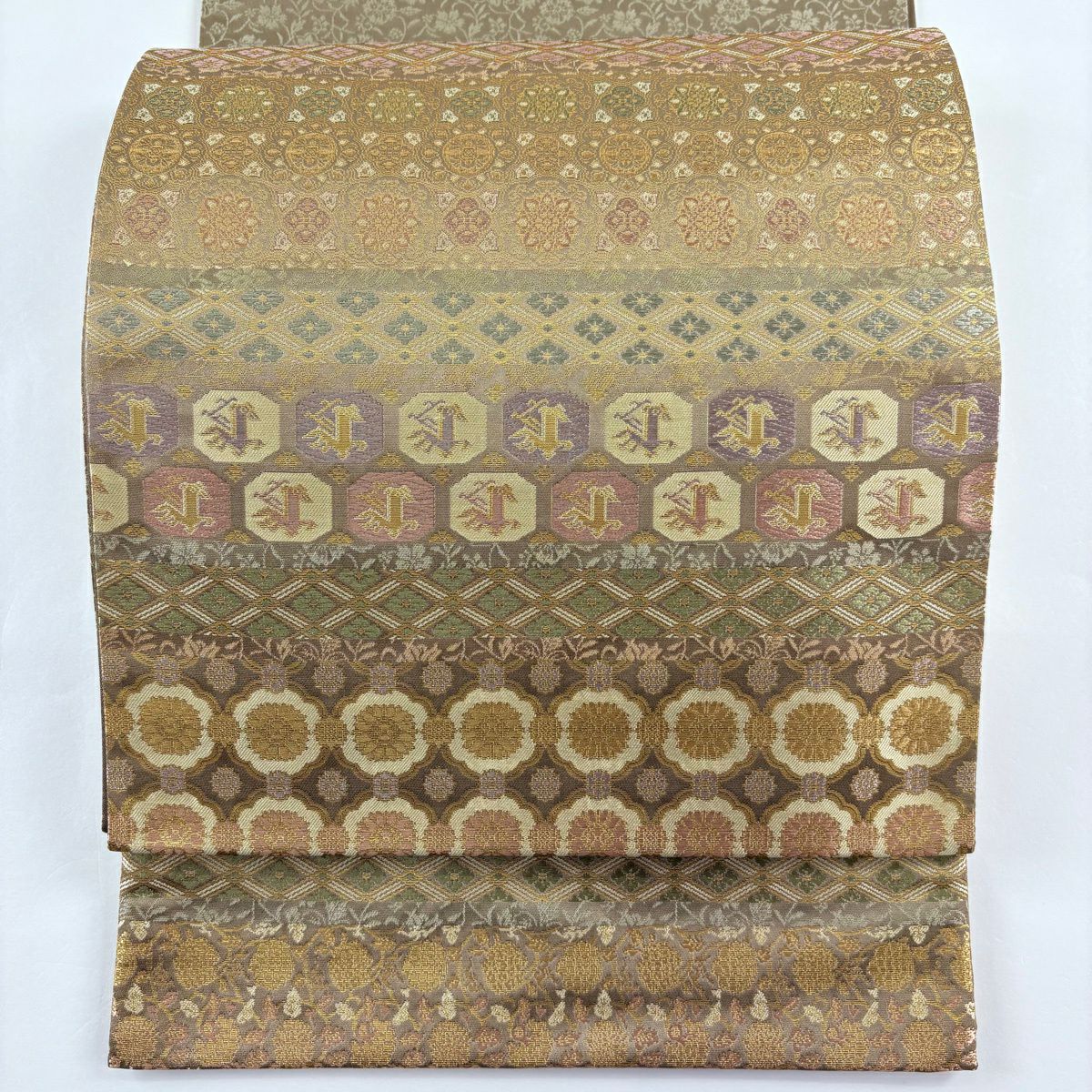 【美品】 袋帶 名品級 金金箔屋清兵衛 有落款 華紋 花菱 金金箔 灰茶 全通 純蠶絲