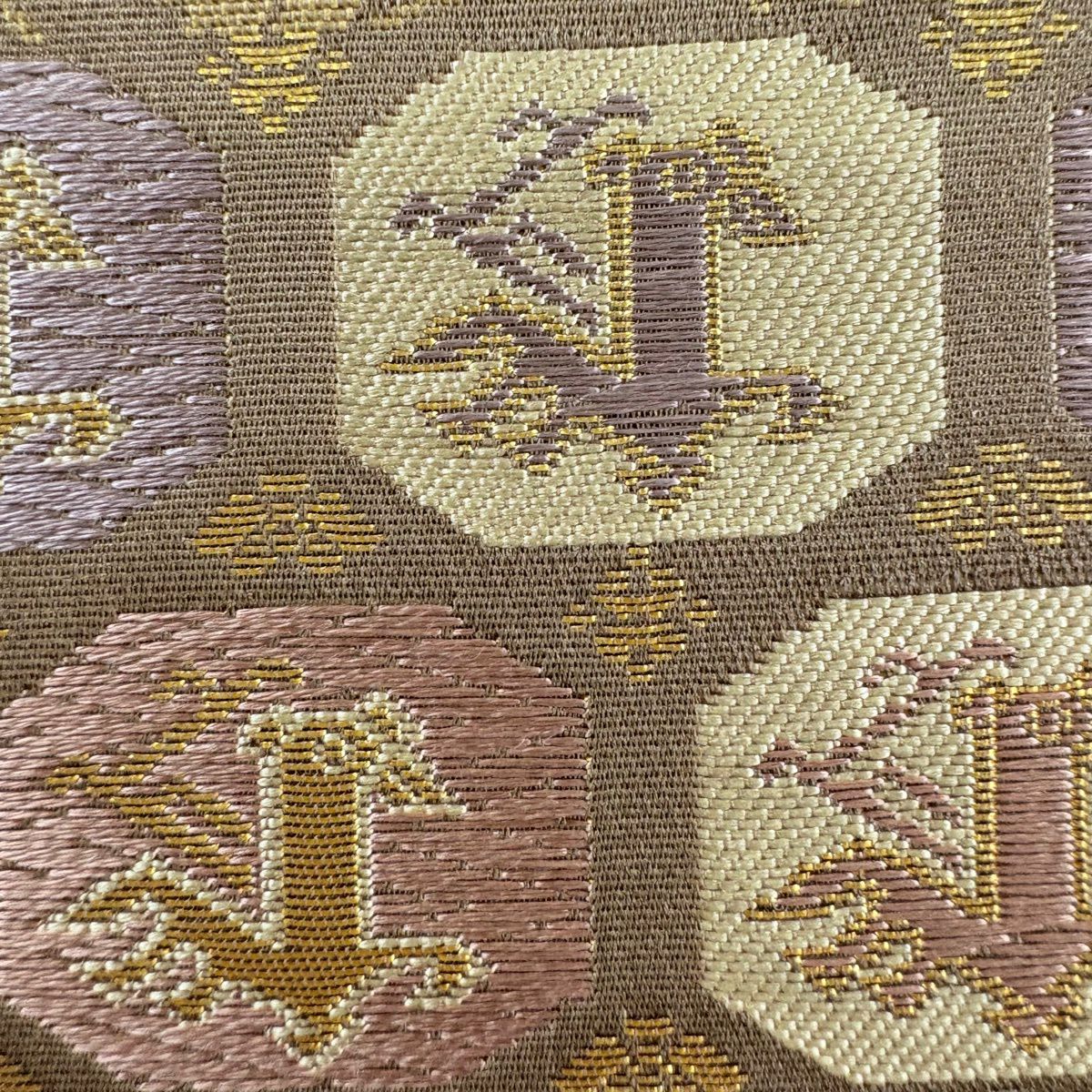 【美品】 袋帶 名品級 金金箔屋清兵衛 有落款 華紋 花菱 金金箔 灰茶 全通 純蠶絲