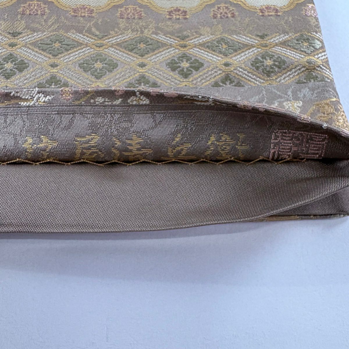 【美品】 袋帶 名品級 金金箔屋清兵衛 有落款 華紋 花菱 金金箔 灰茶 全通 純蠶絲