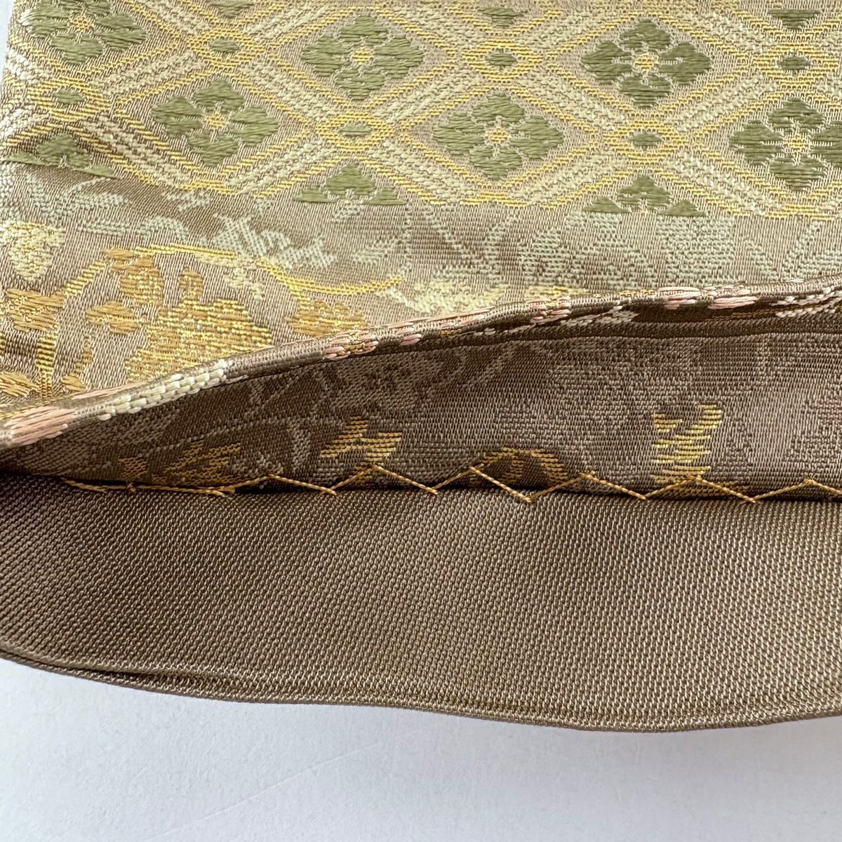 【美品】 袋帶 名品級 金金箔屋清兵衛 有落款 華紋 花菱 金金箔 灰茶 全通 純蠶絲