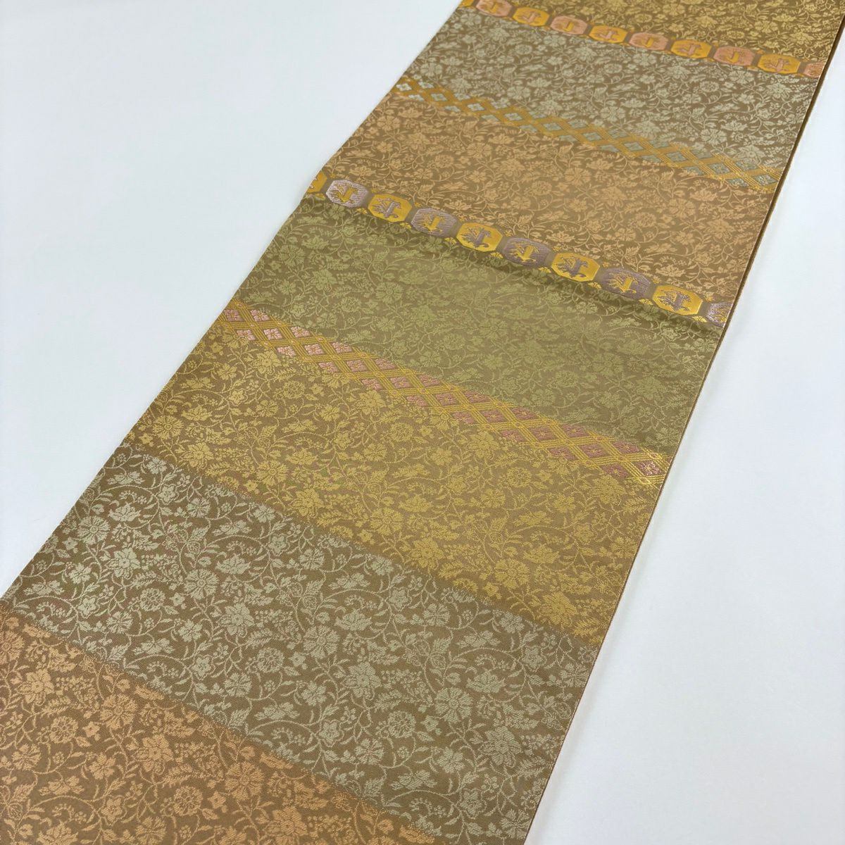 【美品】 袋帶 名品級 金金箔屋清兵衛 有落款 華紋 花菱 金金箔 灰茶 全通 純蠶絲