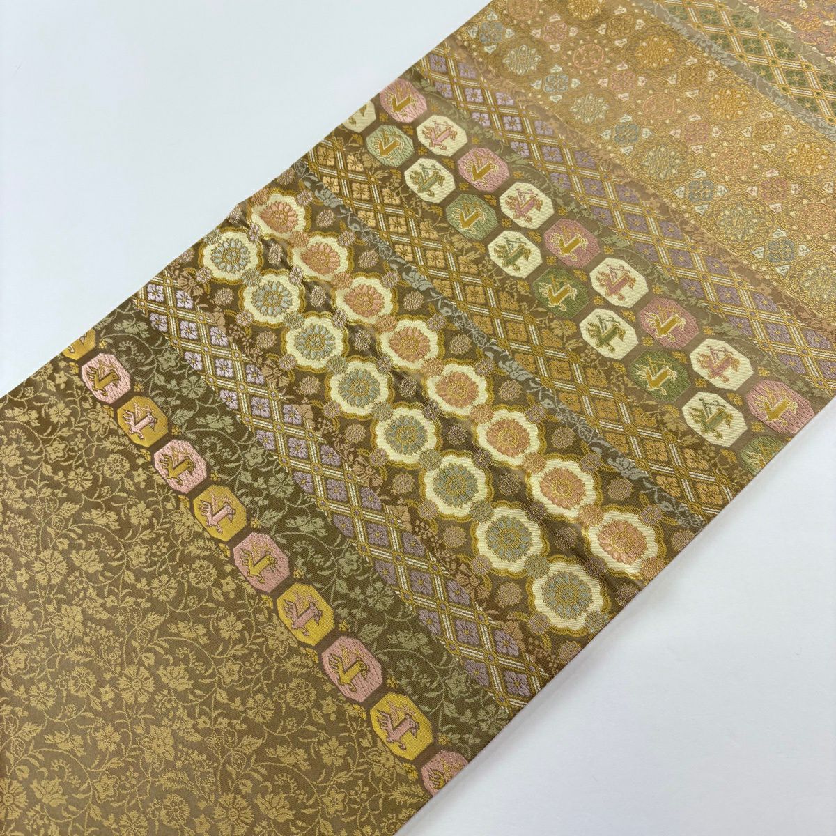 【美品】 袋帶 名品級 金金箔屋清兵衛 有落款 華紋 花菱 金金箔 灰茶 全通 純蠶絲