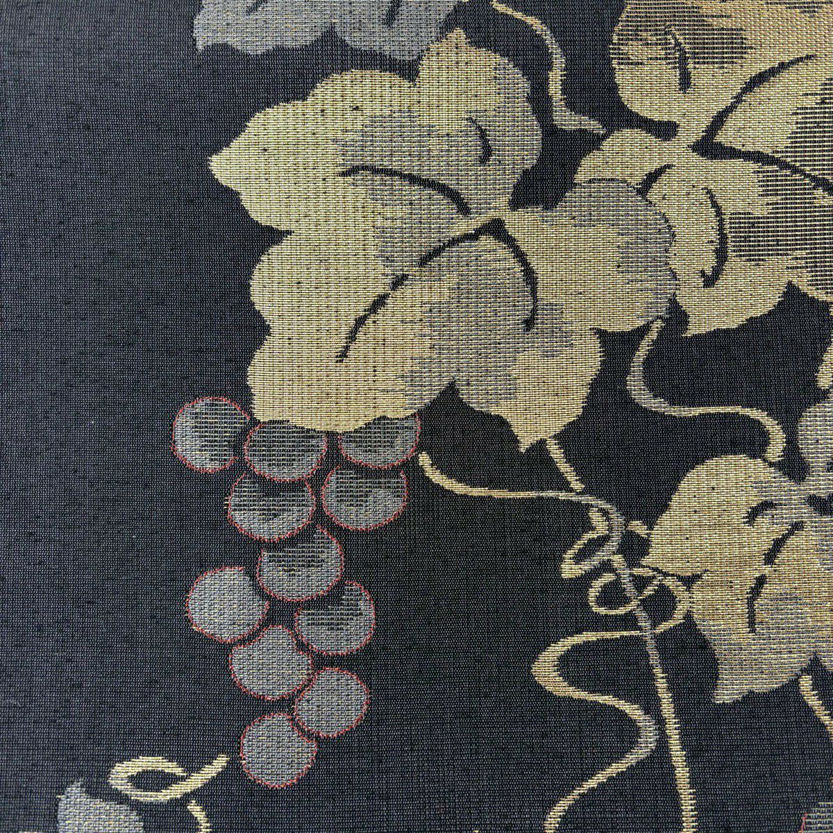 【美品】 袋帶 名品級 紬織織 葡萄 金金箔 墨 六通 純蠶絲
