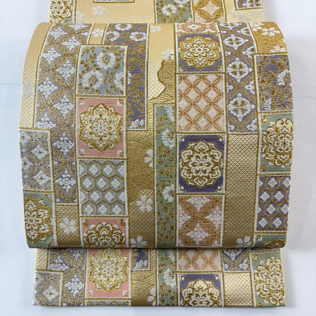 【美品】 袋帶 名品級 附落款 華紋 七寶 金絲 金金箔 米色 六通 純蠶絲