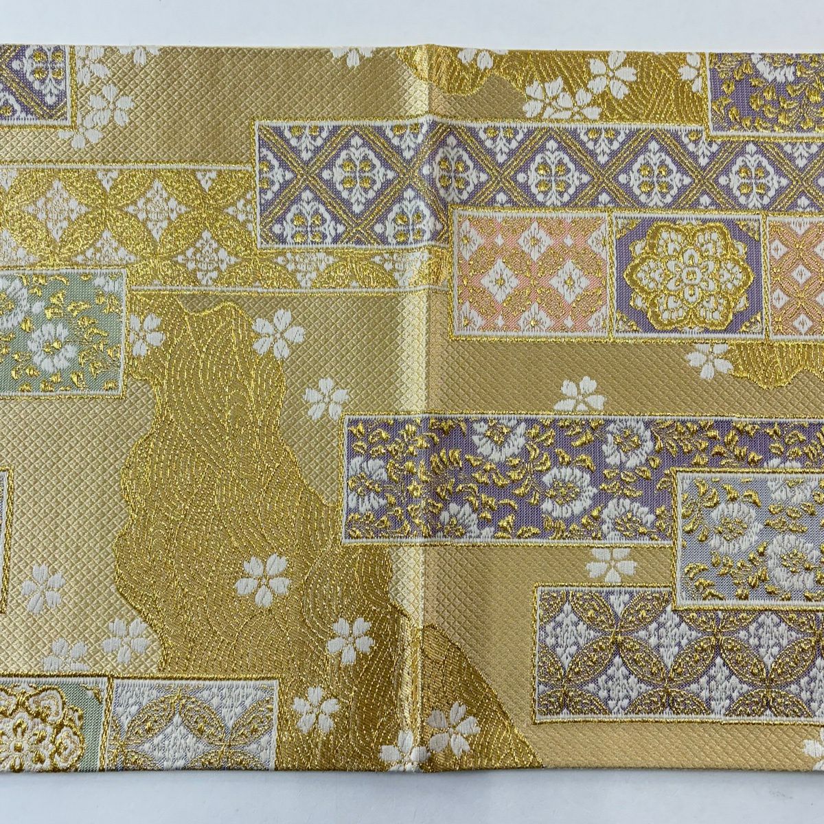 【美品】 袋帶 名品級 附落款 華紋 七寶 金絲 金金箔 米色 六通 純蠶絲