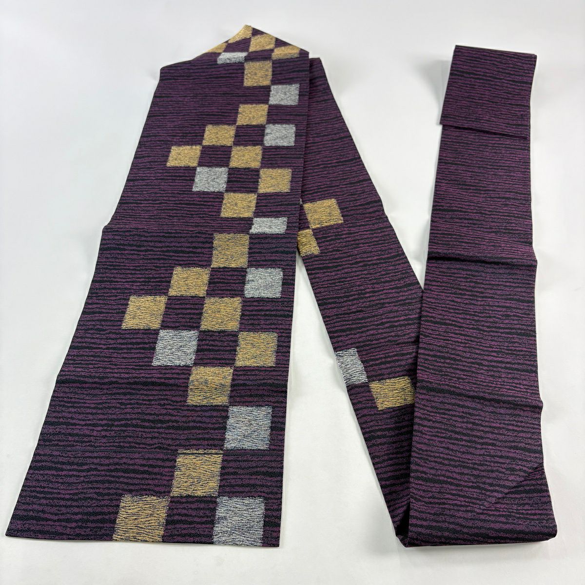 【美品】名古屋帶 名品級 市松樹 金銀彩 紫 純蠶絲