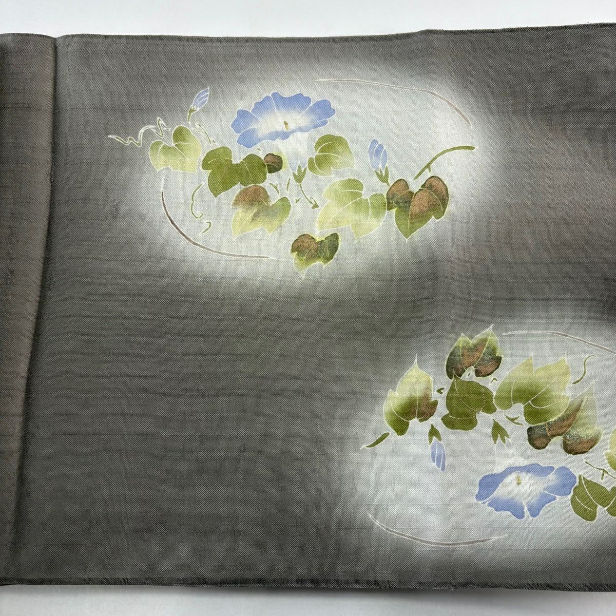 袋帶 名品級 朝顏 漸層 金彩裝飾 灰綠 大鼓圖案 純蠶絲