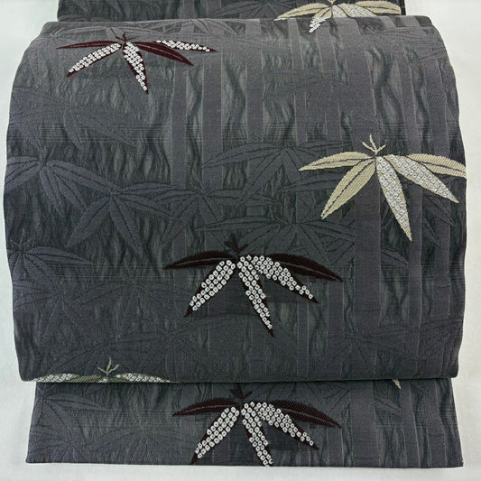 【美品】 袋帶 名品級 夏帶 笹 段紋 灰紫 六通 純蠶絲