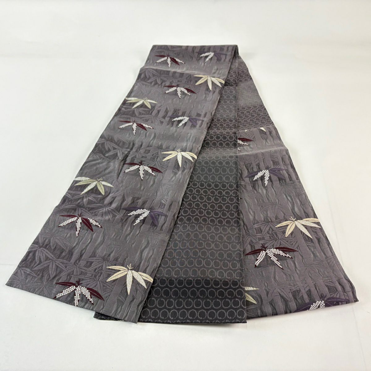 【美品】 袋帶 名品級 夏帶 笹 段紋 灰紫 六通 純蠶絲