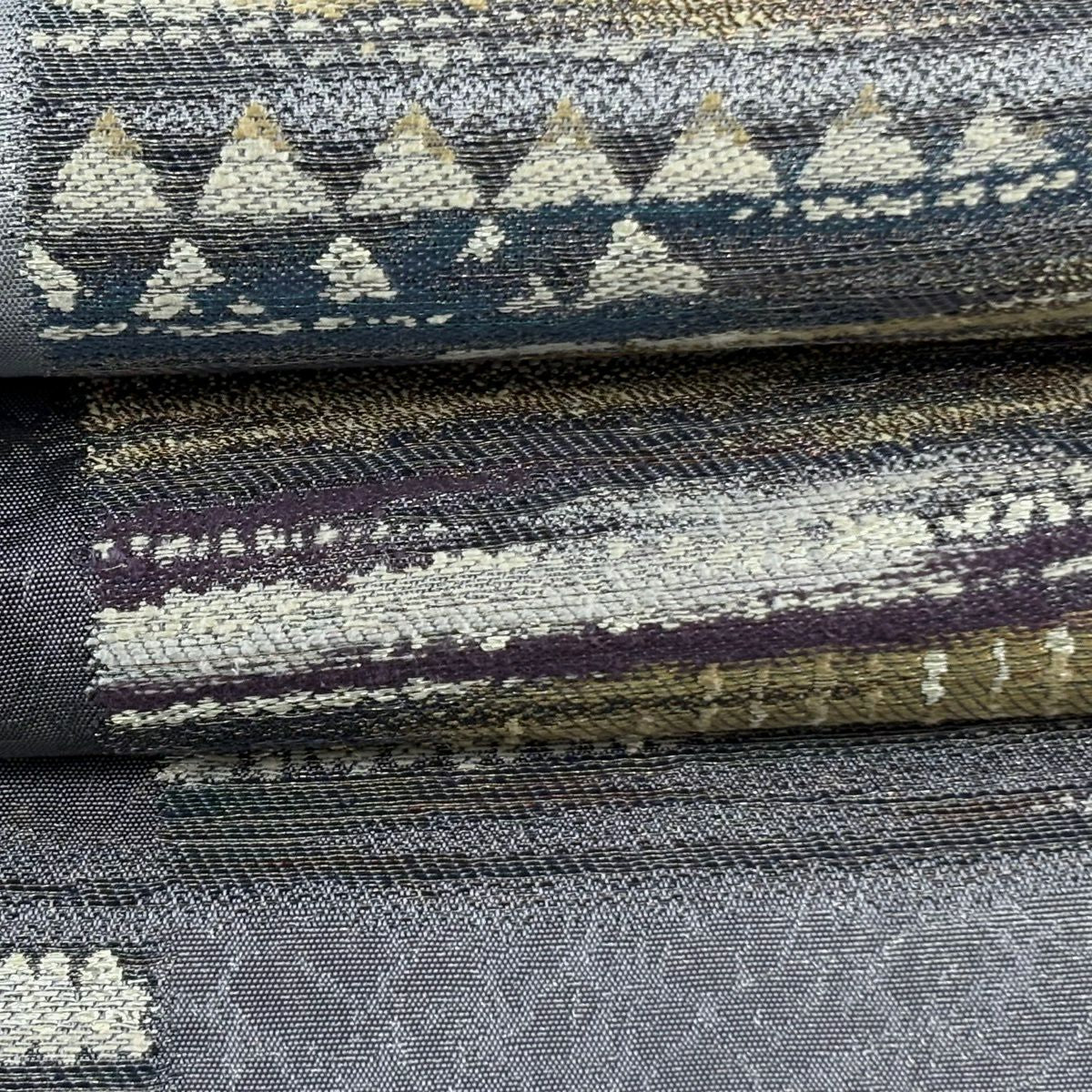 【美品】 袋帶 名品級 雙面 變化市松樹 兔子 金銀線 金金箔 灰色 六通 純蠶絲
