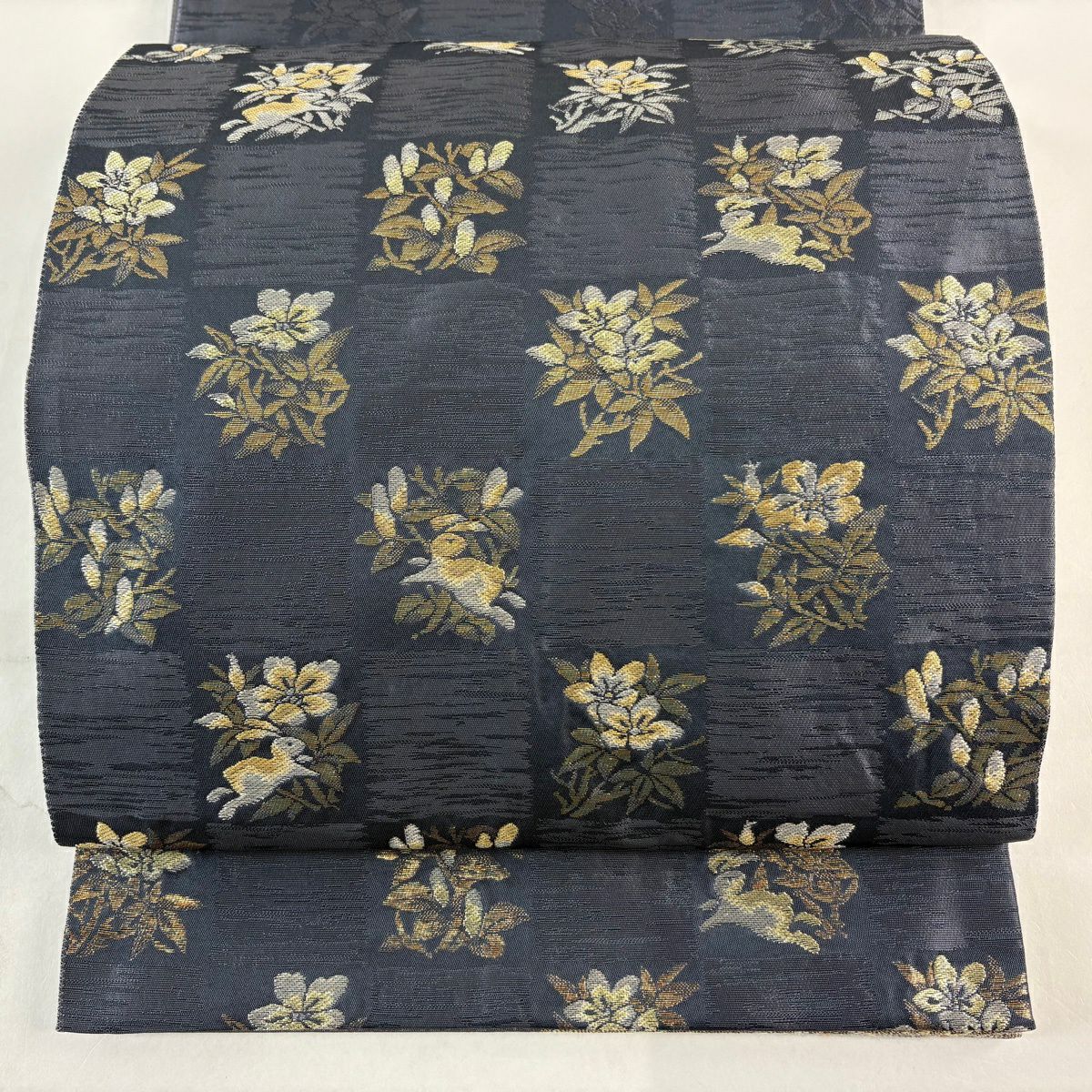【美品】 袋帶 名品級 雙面 變化市松樹 兔子 金銀線 金金箔 灰色 六通 純蠶絲