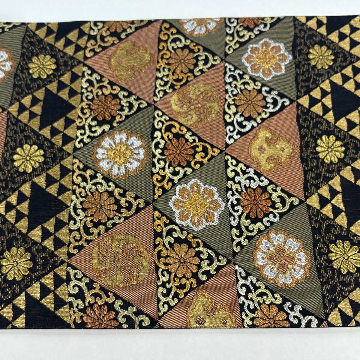 【美品】 袋帶 名品級 華紋 鱗 金銀彩 金金箔 黑 六通 純蠶絲