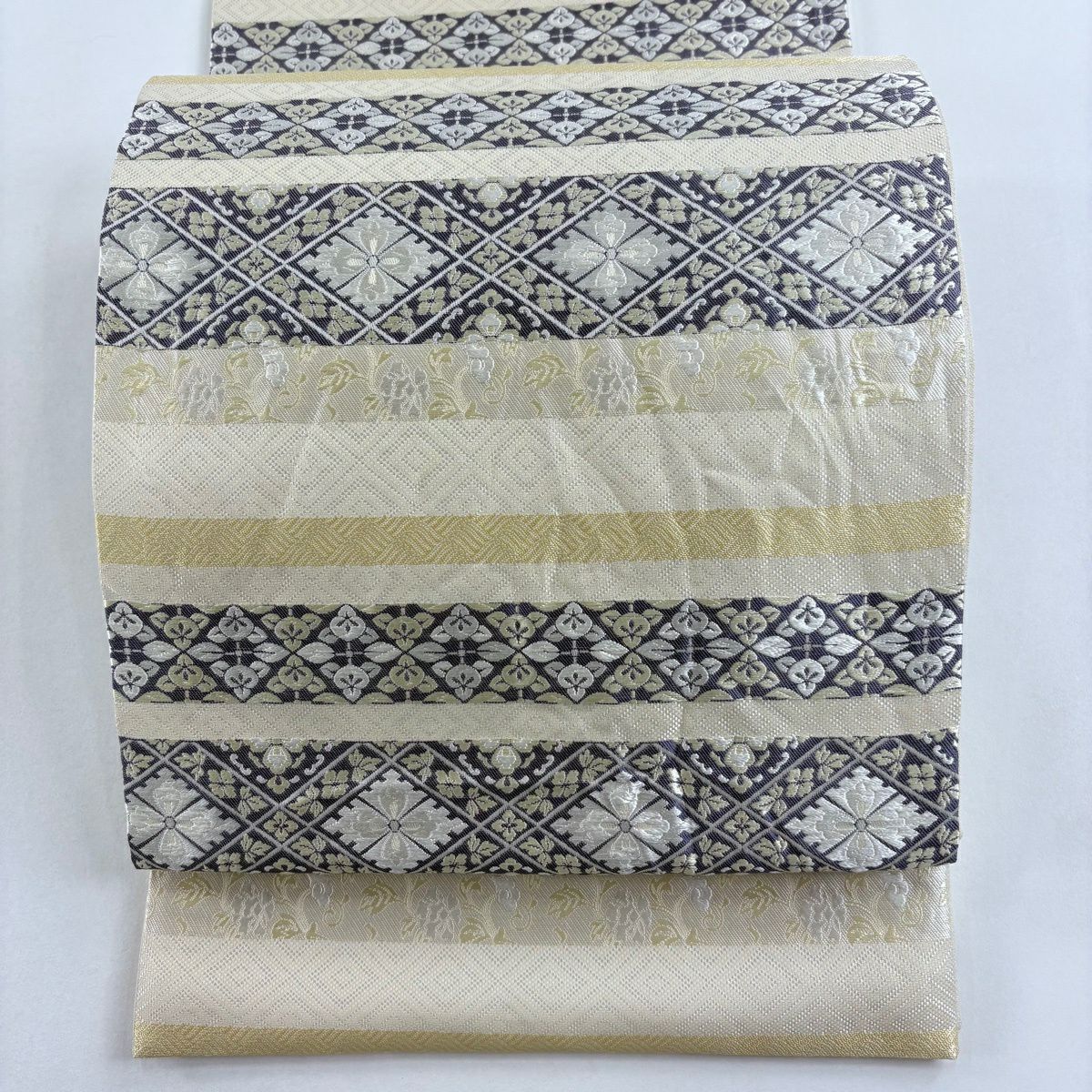 袋帶 名品級 鈴乃屋 正倉紋樣 刺繡 米色 六通 純蠶絲