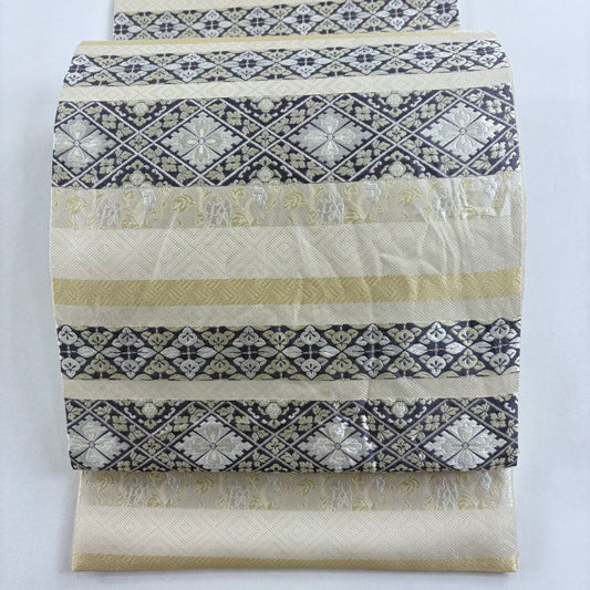 袋帶 名品級 鈴乃屋 正倉紋樣 刺繡 米色 六通 純蠶絲