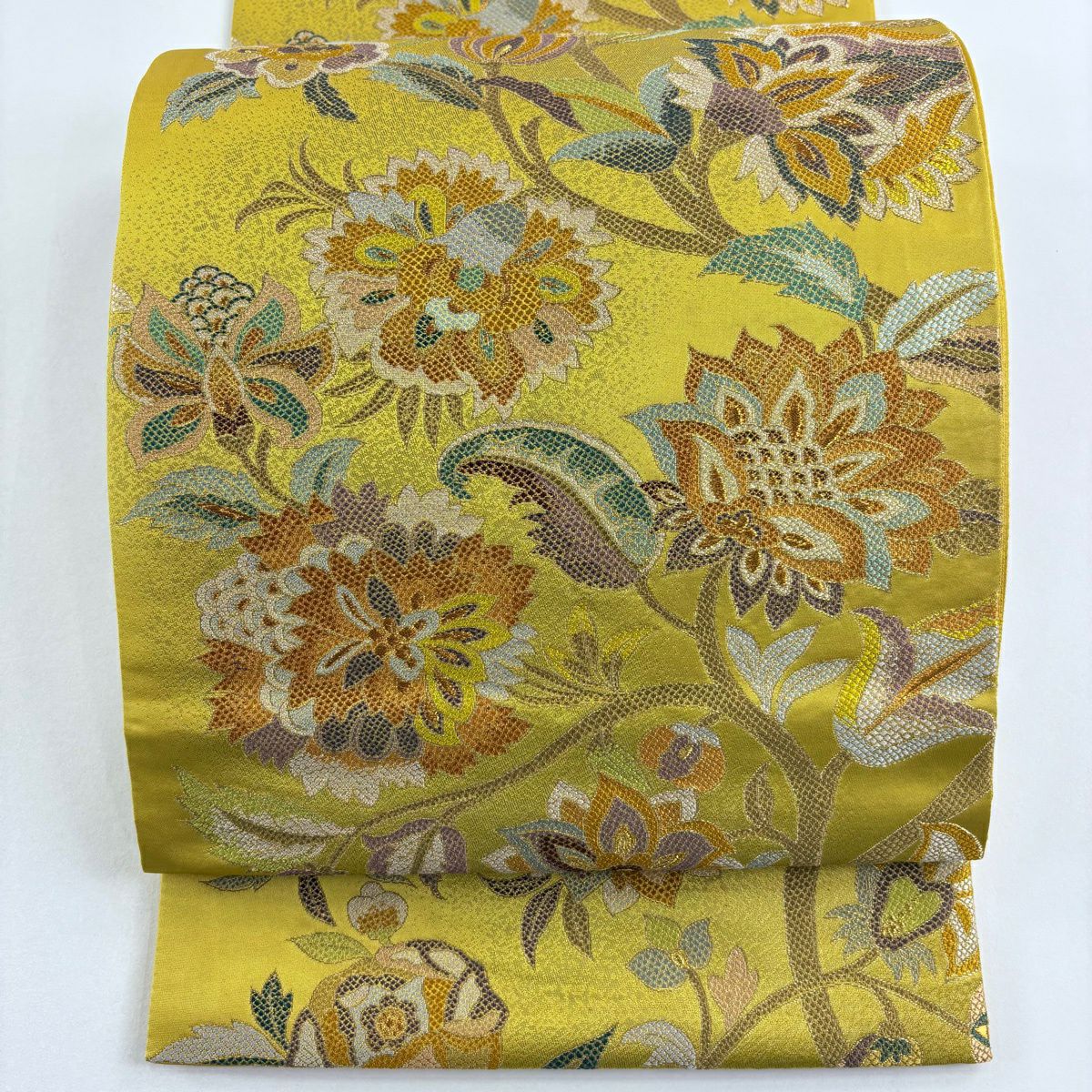 【美品】 袋帶 名品級 草花紋 金糸 芥末色 六通 純蠶絲